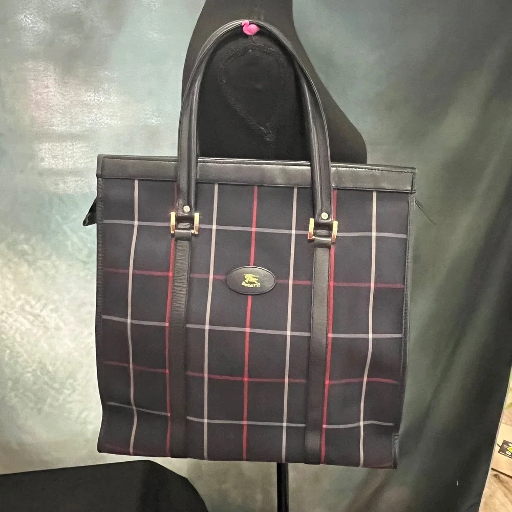 Burberrys Vintage Navy Check Canvas Leather Tote Bag Made in England‎ Prorsum